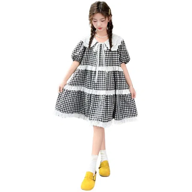 比比我女童夏季裙子 小女孩娃娃领格子连衣裙 清新公主裙 大童潮牌  甜美百搭