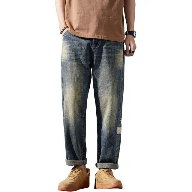 半空山 半空山美式复古高街水洗做旧宽松锥形哈伦时尚百搭舒适透气九分牛仔裤 男款