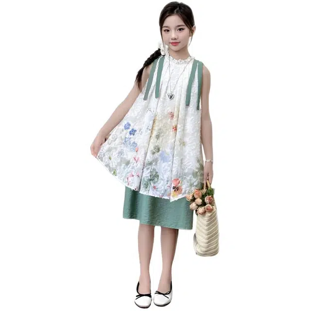 比比我女童夏季裙子 小女孩衣服 时尚花朵连衣裙 清新公主裙 大童潮牌  百搭休闲