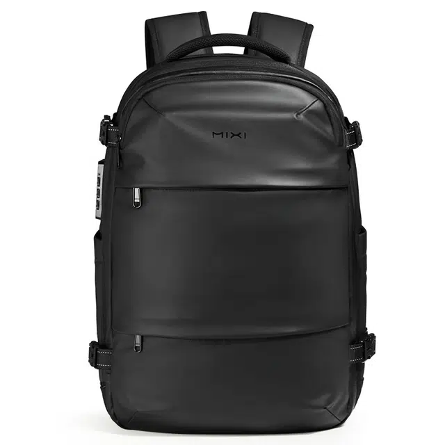 米熙 多功能大容量可扩容背包出差旅行商务电脑 皮膜 双肩包 男女同款情侣款 黑色