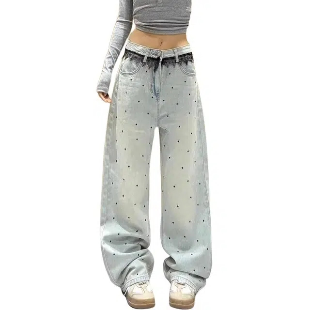 柏黛妃 蕾丝拼接高腰气质时尚烫钻阔腿牛仔裤 女款