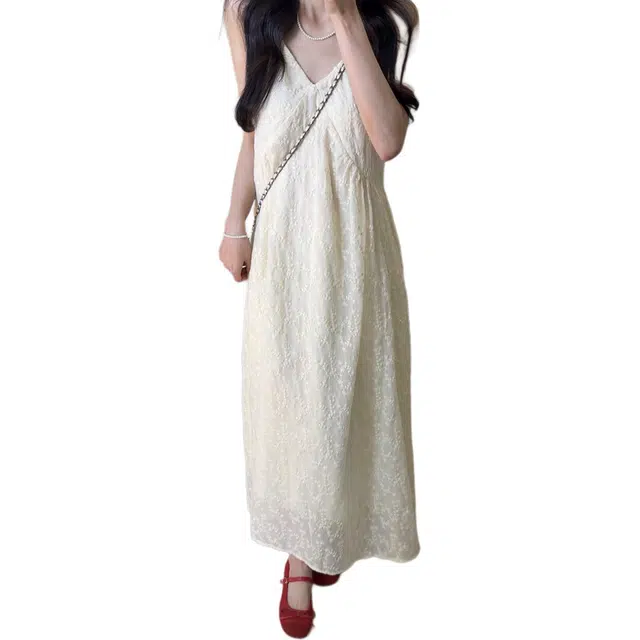 缪斯的诱惑 设计感格纹抹胸挂脖深系仙女长裙夏季度假风氛围感沙滩裙吊带连衣裙 女款