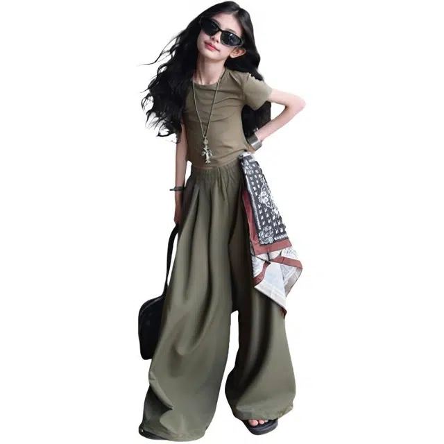 木木兔休闲运动套装 时髦洋气女童衣服夏装短袖大童潮牌小学生古丝巾阔腿裤三件套女孩 女款