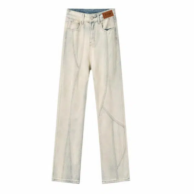 半空山 美式高街复古水洗做旧不规则分割线高级感设计半松紧腰宽松百搭直筒牛仔裤 男女同款