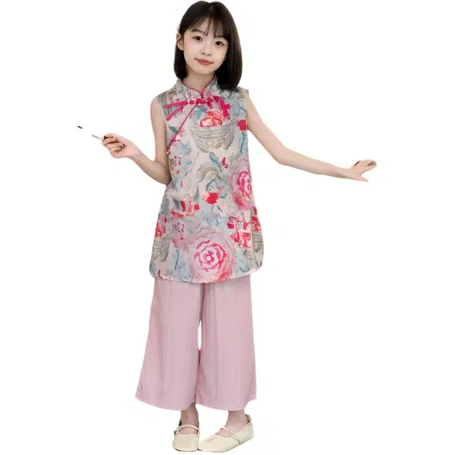 天才小熊汉服 女童夏季大童运动小孩衣服 小女孩 青少年牡丹花中国风洋气时髦 漂亮 甜美 儿童款