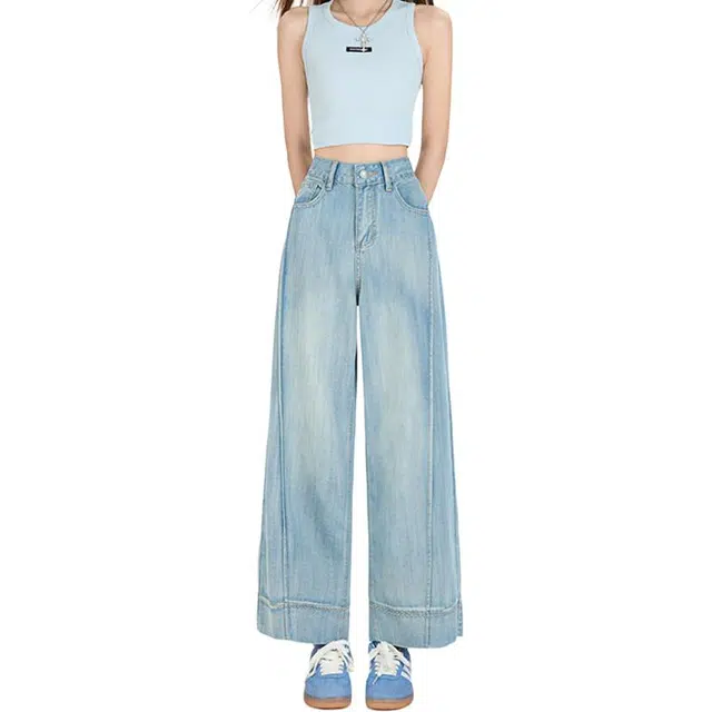 如续 天丝莱赛尔阔腿女夏薄款小个子高腰垂感九分直筒裤百搭舒适简约牛仔裤 女款