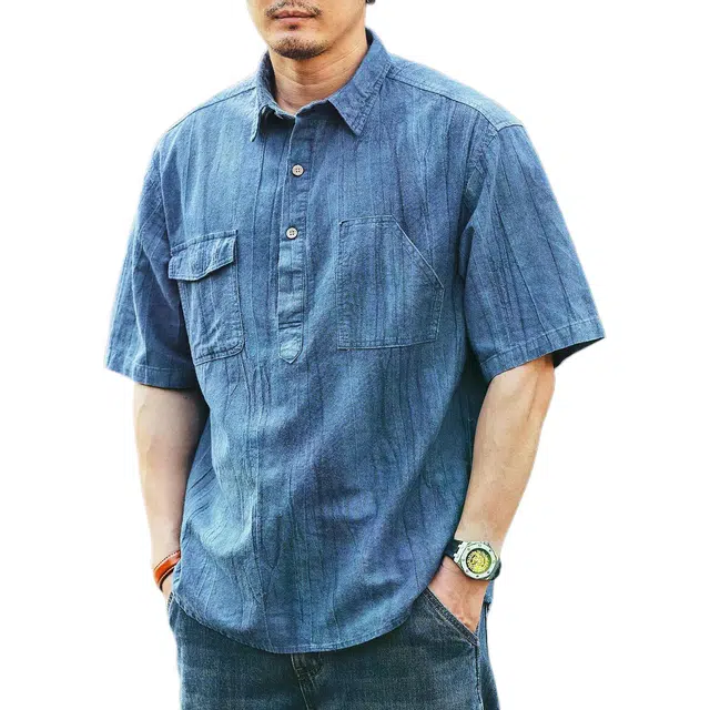 格蓝鹿 夏季 清新文艺复古学院男士短袖日系纯色简约工装时尚透气翻领斜口袋肌理感休闲帅气个性半袖上衣衬衫 宽松 男女同款