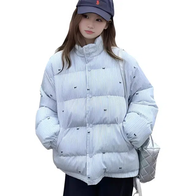 柏黛妃 条纹宽松立领长袖棉服 女款