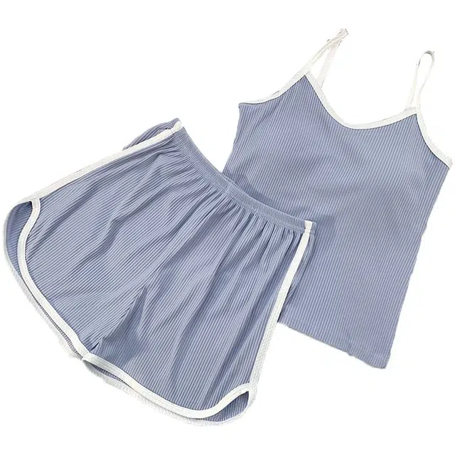 俏韵 吊带夏季冰丝甜美带胸垫短裤休闲舒适薄款家居服可外穿睡衣套装 女款