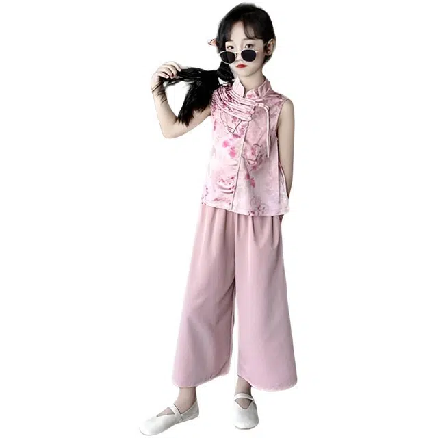 天才小熊汉服套装 女童夏季大童运动小孩衣服 小女孩 青少年旗袍盘口中国风洋气时髦 漂亮 甜美