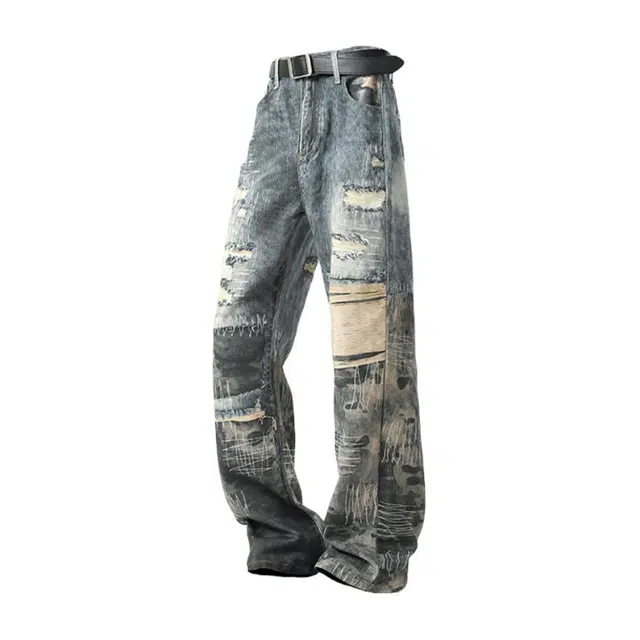 零氏 美式复古重工水洗拼接破洞设计感宽松拖地长裤子春夏季 牛仔裤 男女同款