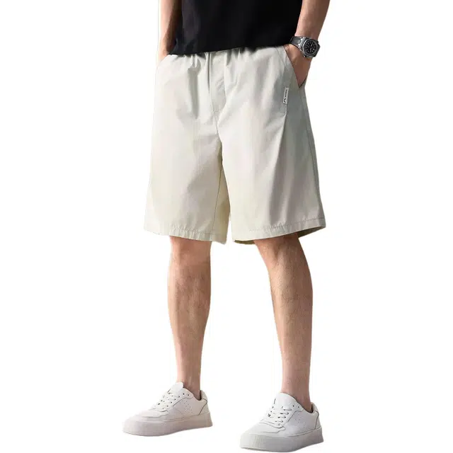 贵色 夏季 日系复古时尚潮流百搭男士纯色简约风直筒外穿褶皱拼接日常出行穿搭五分中裤休闲短裤 宽松 男女同款