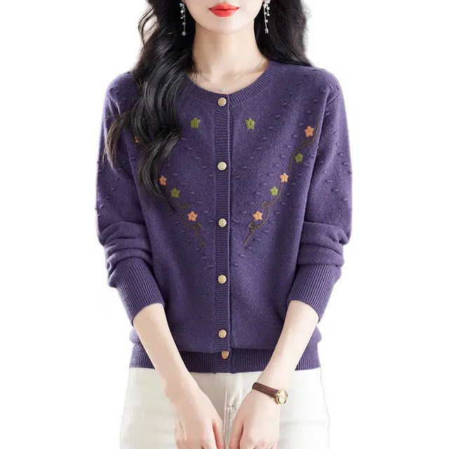 恒源祥 简约时尚百搭圆领纯色绣花开衫羊毛针织衫 女款