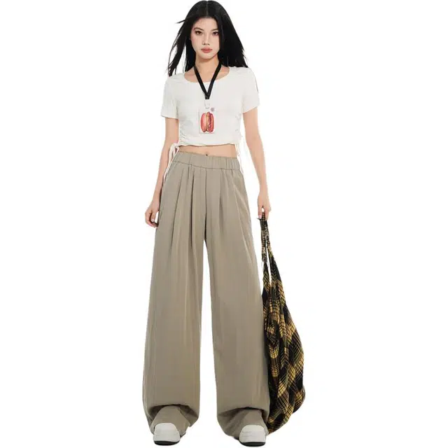 玫丝朵 纯色松紧腰宽松薄款阔腿休闲裤 女款