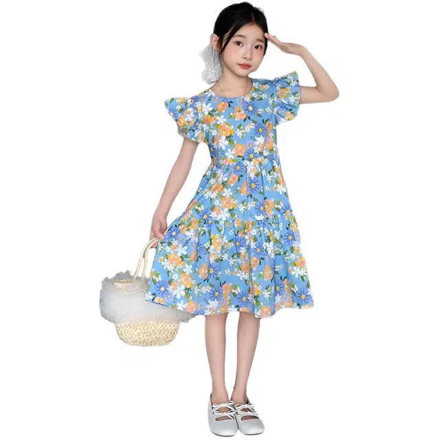 比比我女童夏季裙子 小女孩衣服 碎花连衣裙 清新公主裙 大童潮牌  百搭休闲