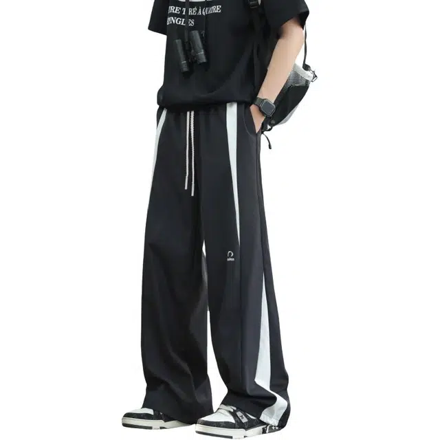 加荣 美式复古撞色拼接刺绣设计冰丝速干轻薄透气潮牌青少年户外出行通勤百搭宽松高级感痞帅垂感直筒阔腿裤休闲裤 男女同款