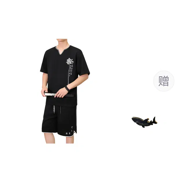 大白鲨 新中式轻奢一套衣服夏季国风两件套冰丝短袖短裤休闲运动套装 男女同款