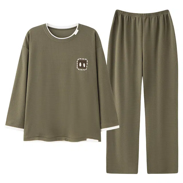 俏佳人 华夫格纯棉重磅简约宽松休闲可外穿圆领套头柔软舒适透气家居服长袖长裤睡衣套装 男款