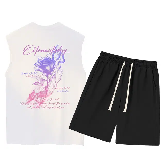 海底小纵队 复古风美式高街渐变色烟雾玫瑰花艺术体字母纯棉百搭上衣背心吸湿排汗直筒松紧绳宽松潮流无袖短裤休闲运动套装 男女同款