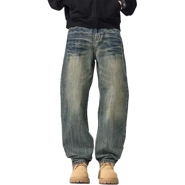 洞洞拐 复古潮牌宽松弯刀牛仔裤 男女同款