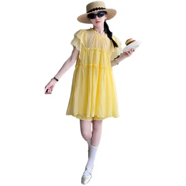 比比我女童夏季连衣裙 小女孩绣花裙 飞丝冰袖清新公主裙 大童潮牌 百搭休闲