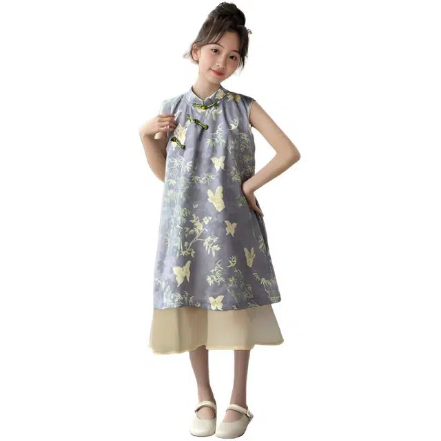 比比我女童夏季 大童潮牌 小孩衣服 小女孩无袖蝴蝶图案连衣裙 时尚舒适 清新公主裙 百搭休闲亲肤简约 青少年