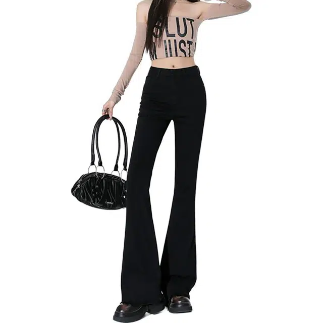 如续 复古修身马蹄春秋高腰显瘦百搭弹力微喇叭裤子牛仔裤 女款