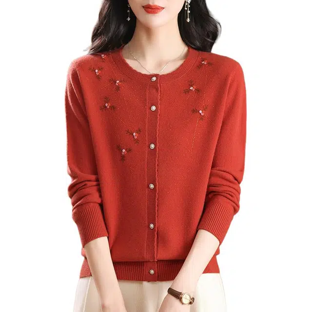 恒源祥 优雅气质时尚圆领修身纯色烫钻长袖羊毛针织衫 女款