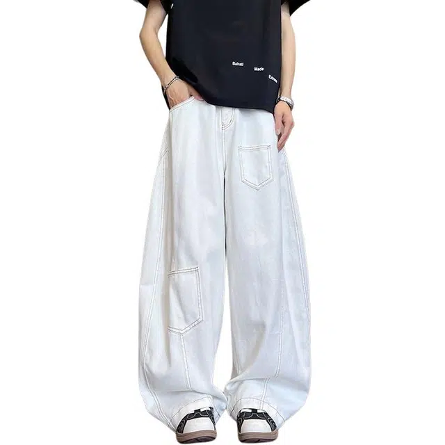 宝米卡 美式复古高腰弯刀高街设计感休闲阔腿裤长裤牛仔裤 男女同款