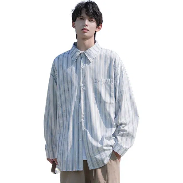 加荣 日系条纹撞色港风通勤百搭休闲宽松薄款长袖衬衫 男女同款