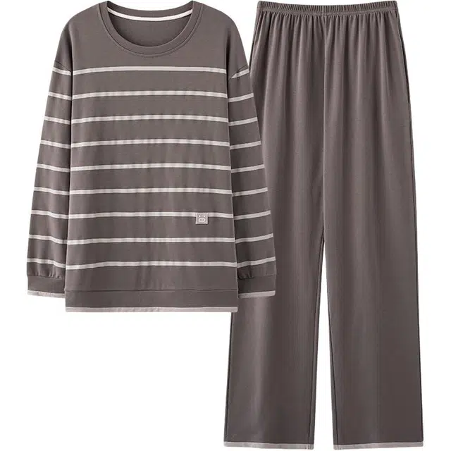 俏佳人 纯棉圆领套头基础条纹休闲宽松柔软舒适可外穿长袖长裤家居服睡衣套装 男款