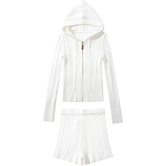 柏黛妃 美式复古麻花针织开衫两件套拉链连帽外套修身显瘦辣妹短裤休闲套装 女款
