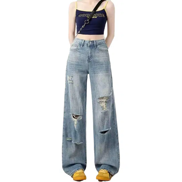 华夏儿女 高品质美式直筒破洞设计通用基础复古百搭潮流拖地高腰宽松牛仔裤 女款