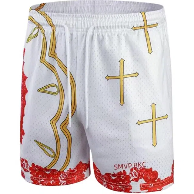 爱肯 美式信仰图案印花运动百搭痞帅直筒拼接舒适亲肤透气休闲短裤 男女同款