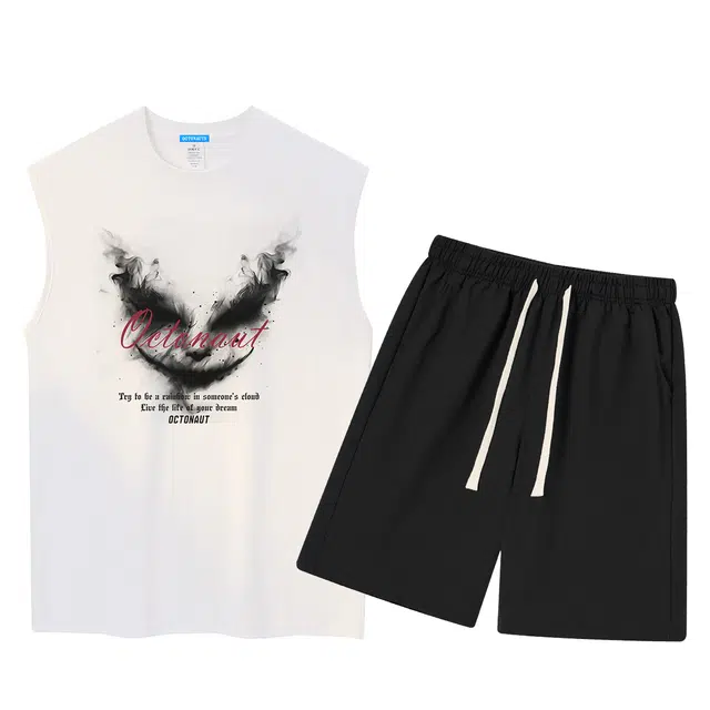 海底小纵队 美式高街潮流百搭烟雾恶魔笑脸艺术字母印花圆领纯棉透气套头无袖背心简约直筒五分短裤学院风休闲运动套装 男女同款