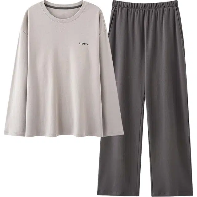 俏佳人 纯棉圆领套头纯色基础休闲宽松柔软舒适可外穿长袖长裤家居服睡衣套装 男款