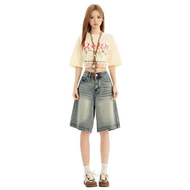 玫丝朵 美式复古水洗宽松显瘦直筒五分牛仔短裤 女款