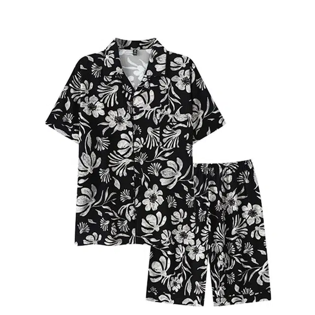 俏韵 翻领夏季冰雪丝短袖短裤宽松时尚简约大码薄款家居服可外穿睡衣套装 男款