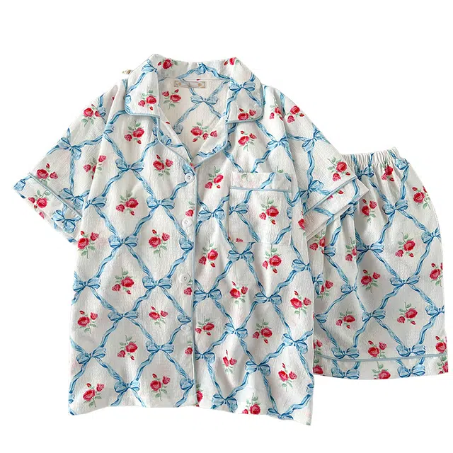 俞兆林 夏天甜美玫瑰花卡通蝴蝶结条纹翻领可爱少女舒适短袖短裤休闲家居服睡衣套装 夏季 女款