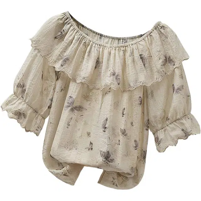 丝柏舍 撞色蝴蝶图案宽松款短款荷叶边拼接圆领气质短袖衬衫 女款