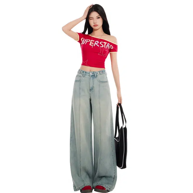 玫丝朵 美式复古百搭宽松学院风显瘦直筒阔腿牛仔裤 女款