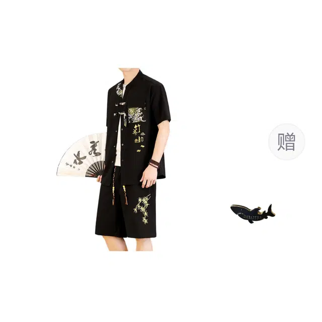 大白鲨 轻奢中国风新中式短袖短裤男士夏季薄款冰丝宽松唐装汉服休闲运动套装 男女同款