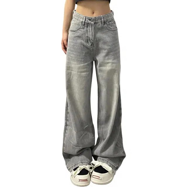 冈哉 纯色基础款水洗做旧渐变设计美式复古高街宽松休闲显高百搭直筒裤垂感微喇牛仔裤 男女同款