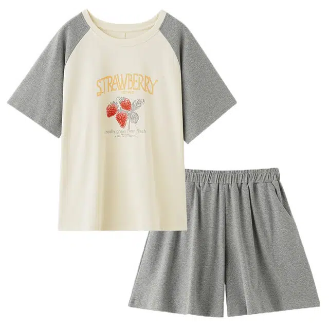 俏韵 圆领夏季款甜美短袖印花休闲宽松舒适薄款家居服可外穿睡衣套装 女款