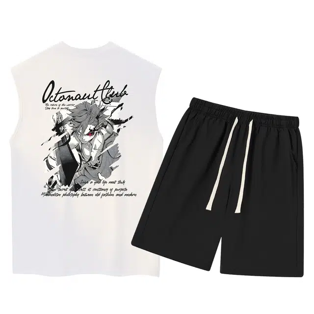 海底小纵队 街头嘻哈高街美式漫画少年手写字母印花圆领打底纯棉套头百搭时尚直筒五分篮球训练服抽绳背心短裤休闲运动套装 男女同款
