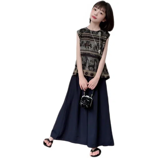 木木兔休闲运动套装 时髦洋气背心阔腿裤雪纺时尚女孩宽松舒适两件套