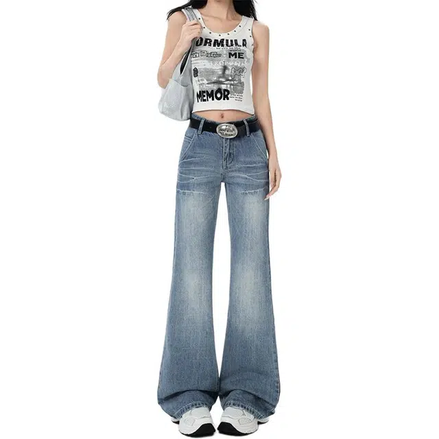 如续 美式复古辣妹喇叭裤百搭显瘦女拖地裤阔腿裤直筒款式时尚潮流牛仔裤 女款