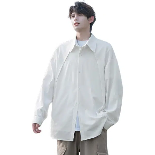 佐菲利 解构冰丝短袖夏薄款休闲复古半袖衬衣宽松大码纯色外套衬衫 男女同款