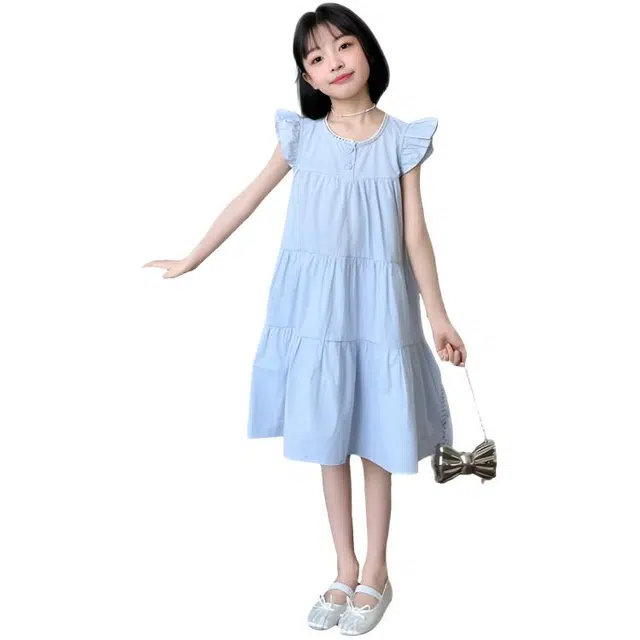 比比我女童夏季连衣裙 清新公主裙 小孩飞袖裙子 时尚舒适 百搭休闲
