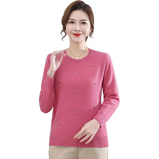 恒源祥 时尚简约修身圆领纯色绣花长袖羊毛针织衫 女款